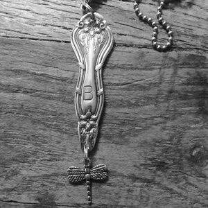 Silverplate Spoon Handle Necklace pendant Initial B & dragonfly handcrafted